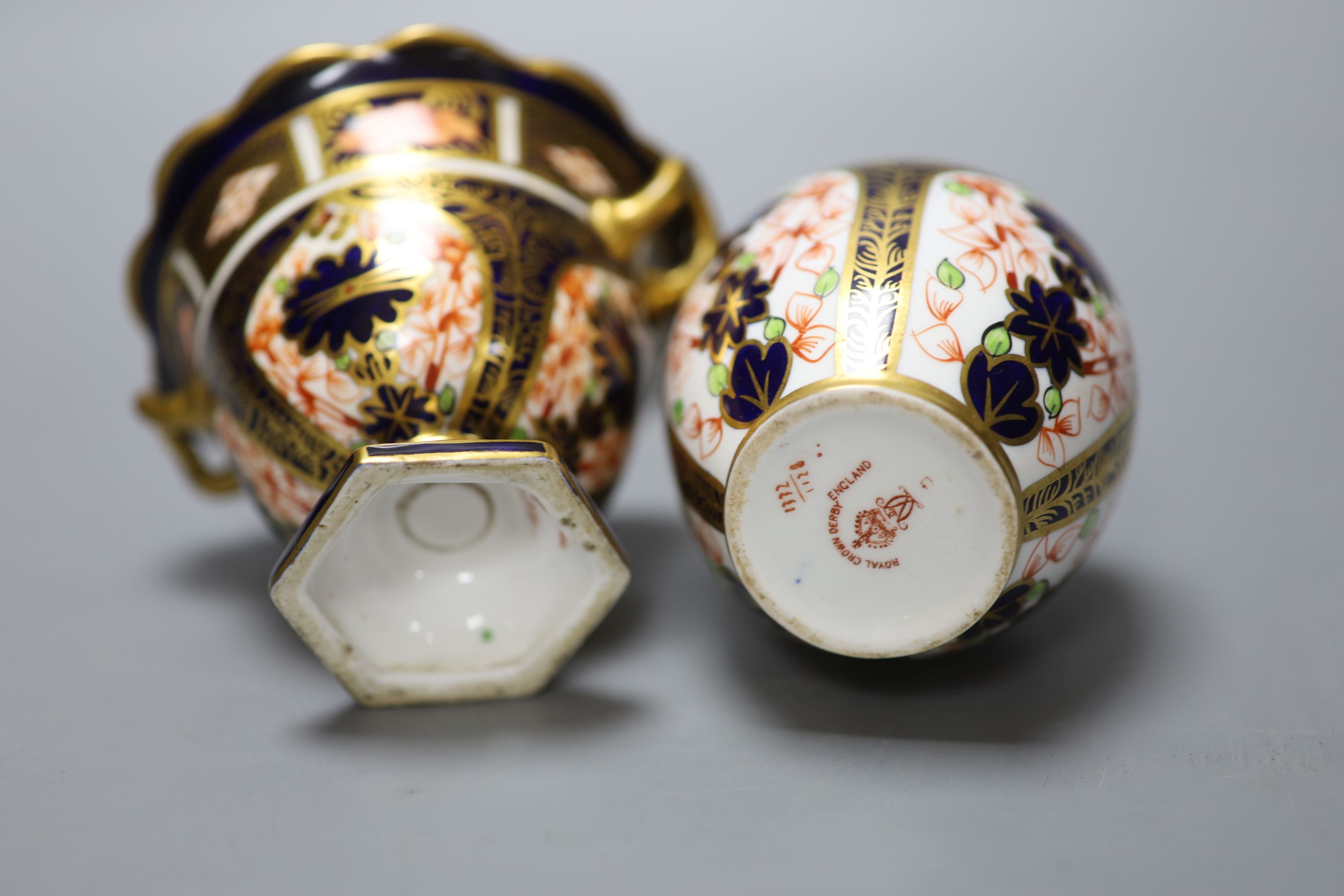 A Royal Crown Derby ovoid vase painted with pattern 1128 and a two handled vase, tallest 11cm